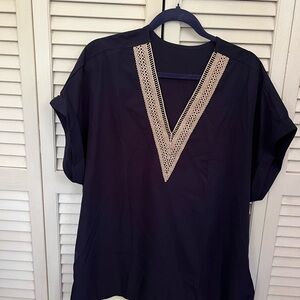 SHEIN Elegant Black Blouse with Cream Lace V-Neck